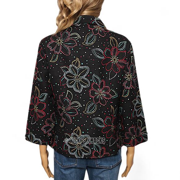 Silk Land Vintage Sequin Floral Blazer Jacket Black Multicolor Silk Size M Retro - Picture 5 of 10